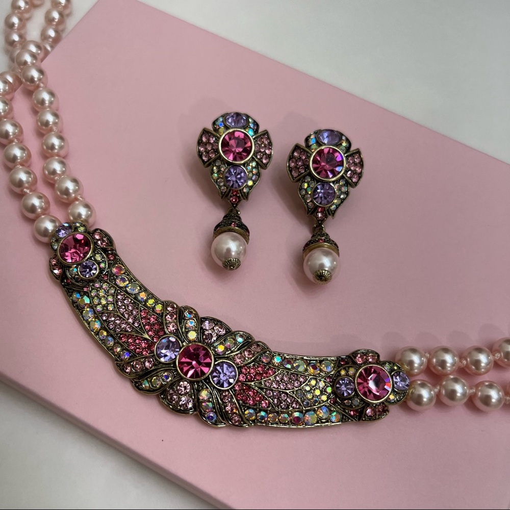 Heidi Daus Swarovski Crystal Collar w Pink Pearls + Matching Earrings brand new